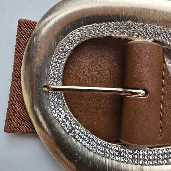NEW Brown Stone Paved Abstract Golden Oval Buckle Elastic Belt - Picture 6 of 9